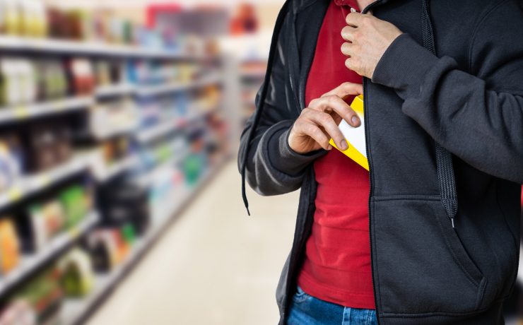 Retail Shoplifting. Man Stealing In Supermarket. Theft At Shop