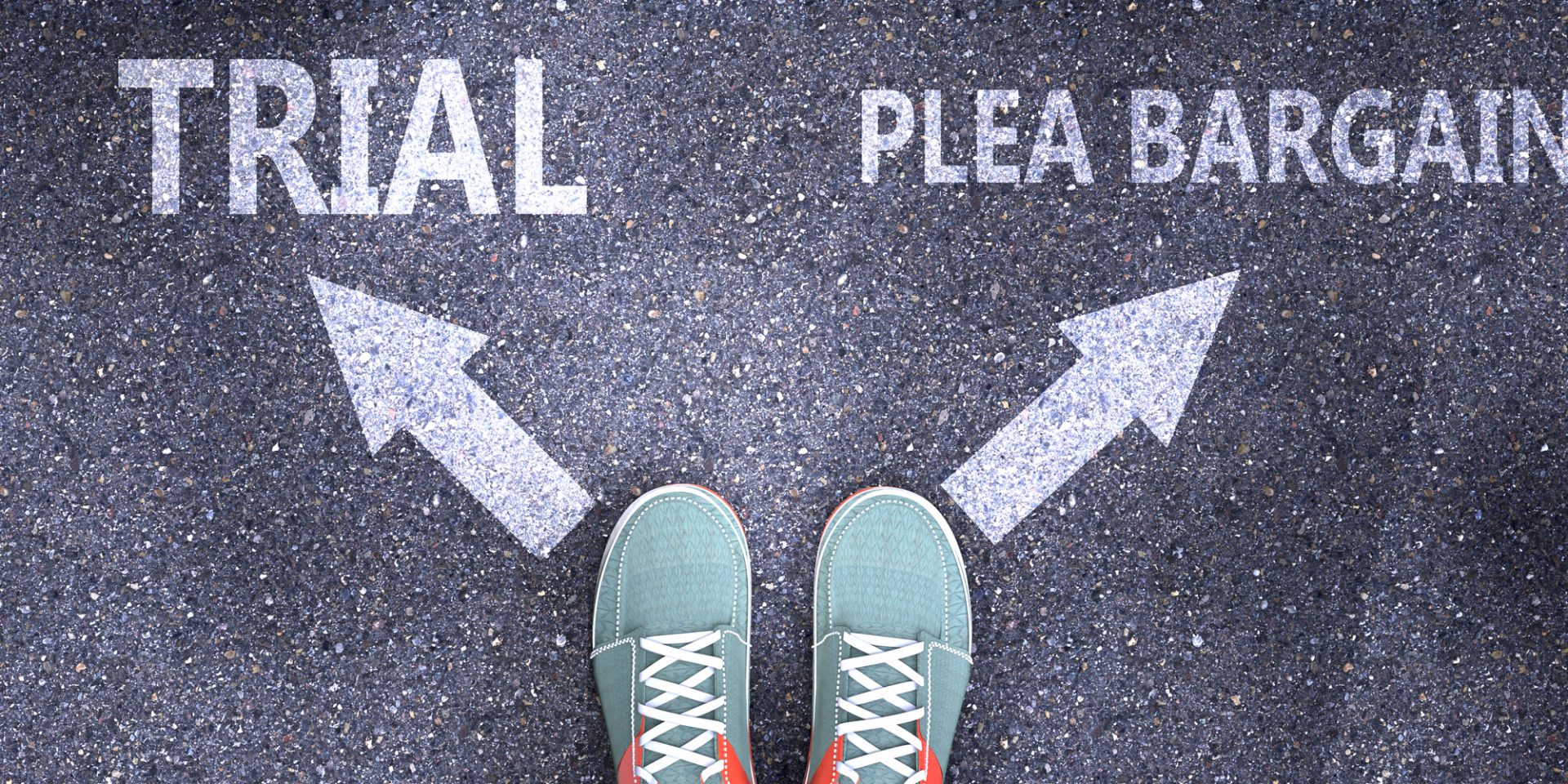 Trial and plea bargain as different choices in life - pictured as words Trial, plea bargain on a road to symbolize making decision and picking either one as an option, 3d illustration