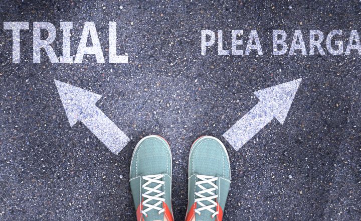 Trial and plea bargain as different choices in life - pictured as words Trial, plea bargain on a road to symbolize making decision and picking either one as an option, 3d illustration
