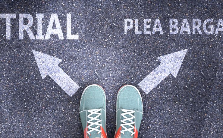 Trial and plea bargain as different choices in life - pictured as words Trial, plea bargain on a road to symbolize making decision and picking either one as an option, 3d illustration