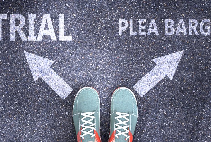 Trial and plea bargain as different choices in life - pictured as words Trial, plea bargain on a road to symbolize making decision and picking either one as an option, 3d illustration
