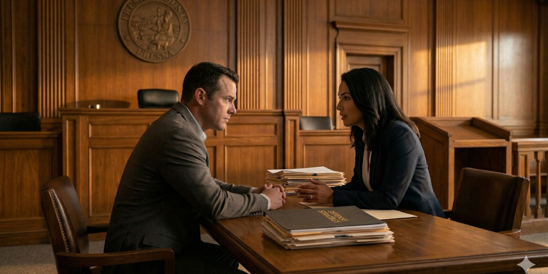 A criminal defense attorney and their client reviewing legal documents at a courtroom desk.