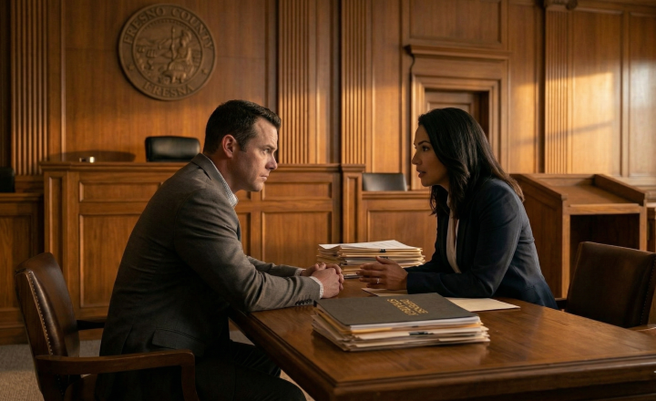 A criminal defense attorney and their client reviewing legal documents at a courtroom desk.