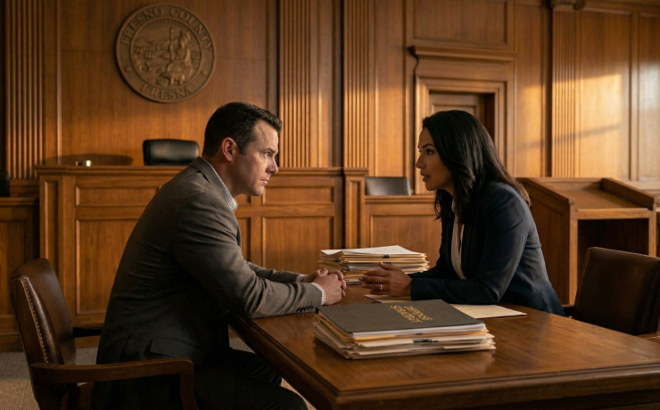 A criminal defense attorney and their client reviewing legal documents at a courtroom desk.