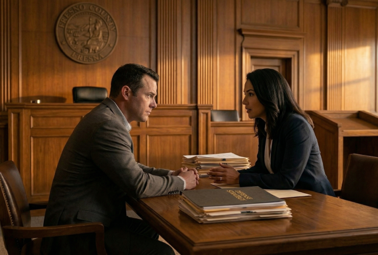A criminal defense attorney and their client reviewing legal documents at a courtroom desk.