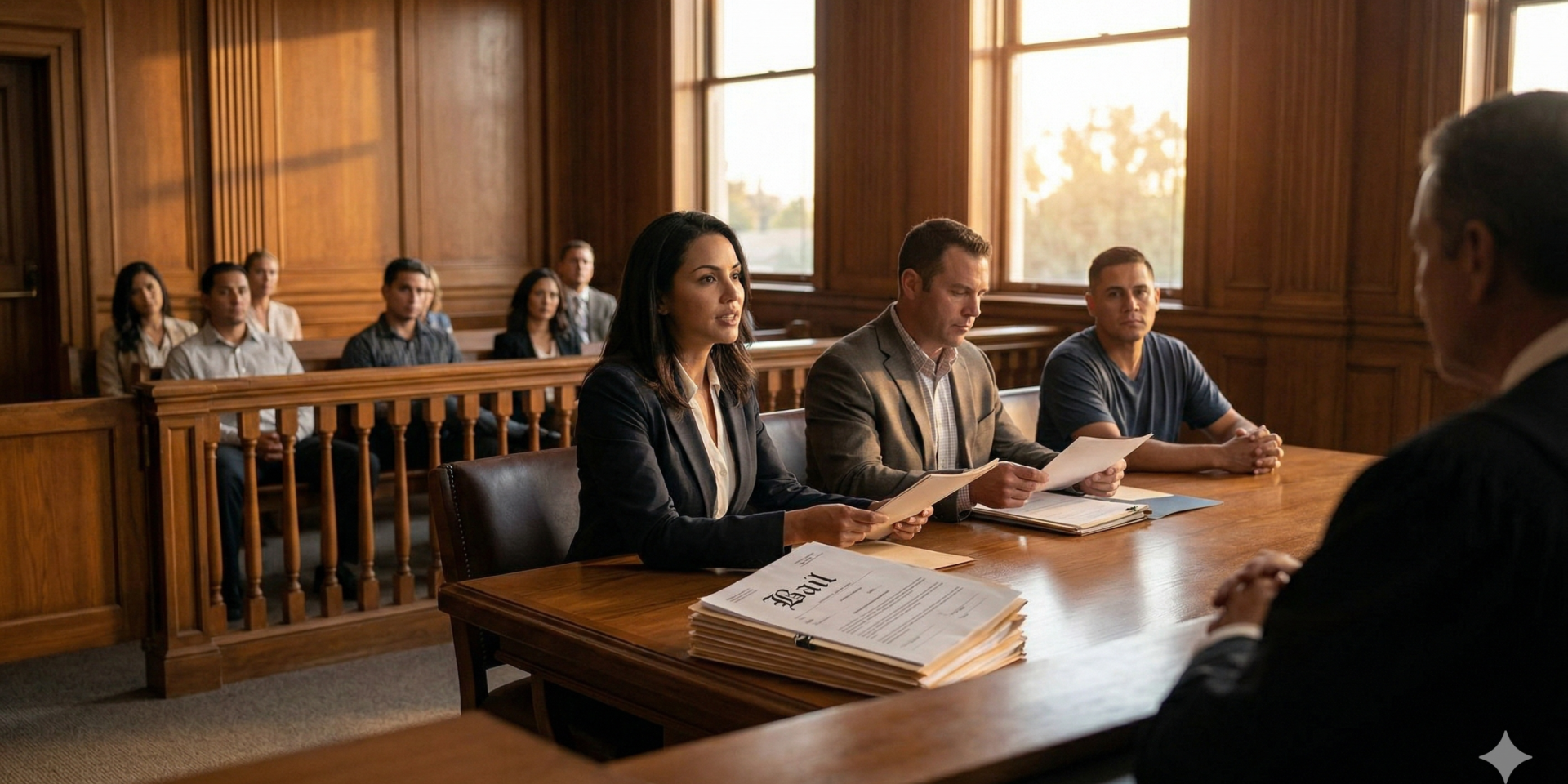 A close-up view of hands placing cash and a signed bond agreement into a small, open wooden box labeled "BAIL" inside a Fresno County courthouse.