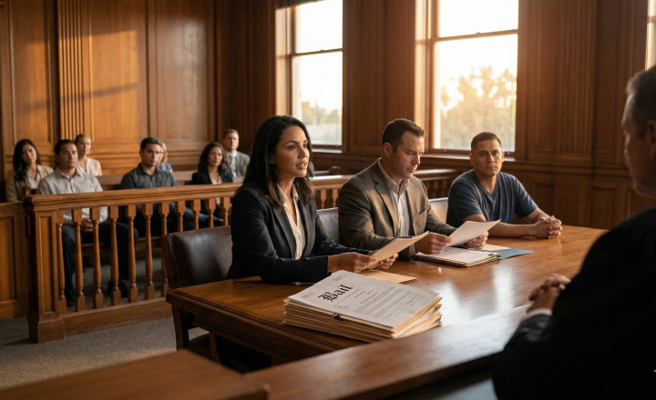 A close-up view of hands placing cash and a signed bond agreement into a small, open wooden box labeled "BAIL" inside a Fresno County courthouse.