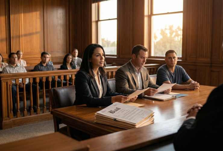 A close-up view of hands placing cash and a signed bond agreement into a small, open wooden box labeled "BAIL" inside a Fresno County courthouse.