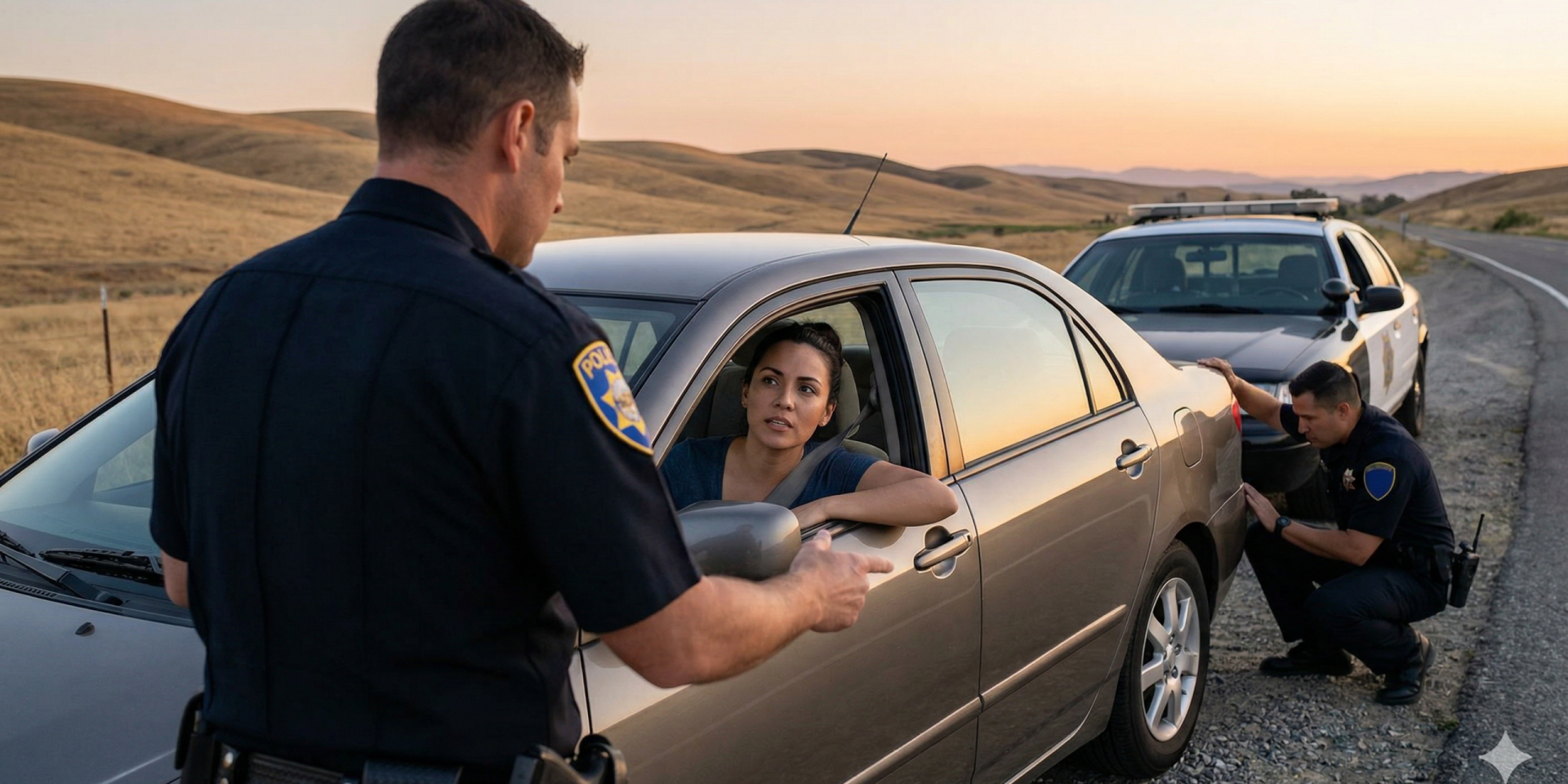 A police officer speaking to a driver at a car window while another officer inspects the rear of the vehicle during a roadside stop at sunset.