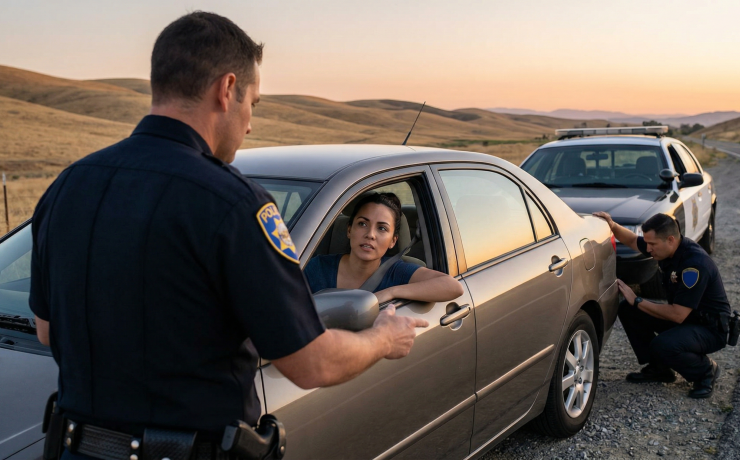A police officer speaking to a driver at a car window while another officer inspects the rear of the vehicle during a roadside stop at sunset.