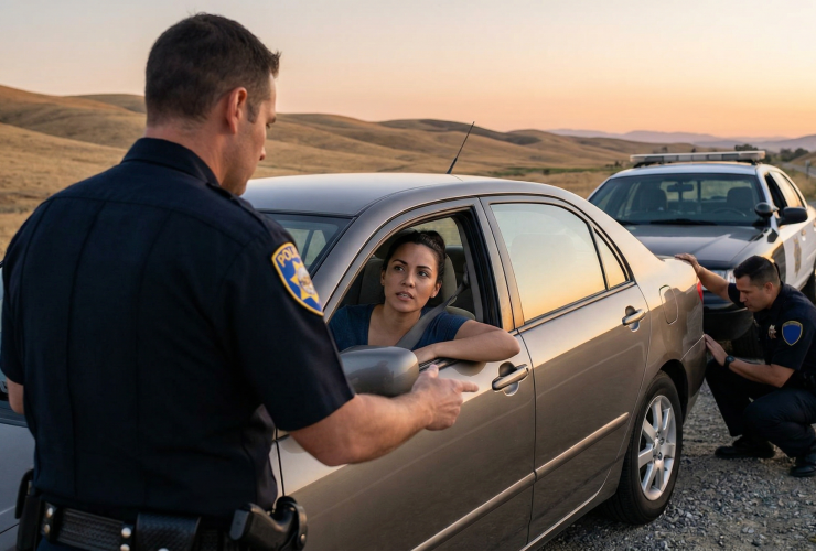 A police officer speaking to a driver at a car window while another officer inspects the rear of the vehicle during a roadside stop at sunset.